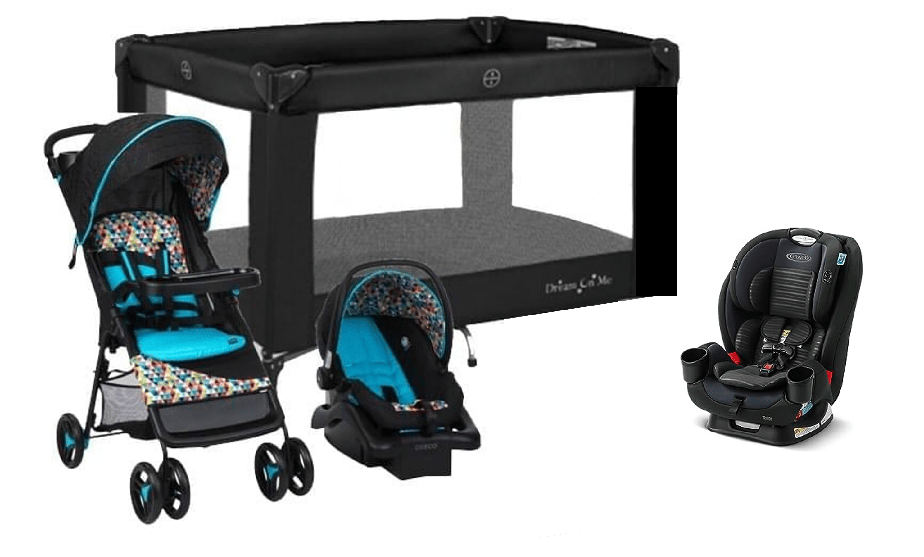 high chair, playpen, stroller